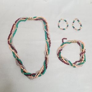 Vintage Beaded Necklace Bracelet Earrings Matching Set